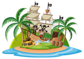 Wall Mural - Pirate ship on island with many kids isolated on white background