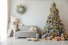 Christmas Tree With Gifts Lights Garlands Teddy Bear