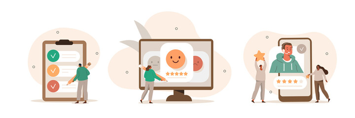 Wall Mural - customer feedback and user experience illustration set. characters giving review to customer service