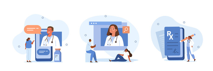 Wall Mural - Online medical services illustration set. Patients meeting with doctors online, having consultation and receiving digital prescription. Telemedicine and e-health concept. Vector illustration.