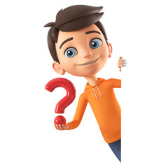 Sticker - Cartoon character boy in orange sweatshirt peeks out from behind a blank board and shows a question mark. 3D rendering. Illustration for presentation.