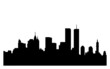 A graphic illustration of New York City skyline silhouette before 911 in black on a white background.