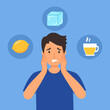 Man having sensitive teeth with sour lemon, cold ice and hot drink in flat design. Tooth sensitivity symptom concept.