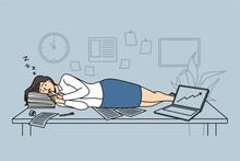 Tiredness and exhaustion concept. Young woman cartoon character lying down and sleeping in office near papers and laptop vector illustration 