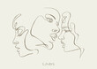 Threesome, love triangle. One line drawing. Continuous line. Sensual love