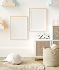 Frame poster mockup in children room interior background, 3D render