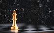 Golden king chess standing alone on chess board and dark background with connection line for strategy idea and futuristic concept.