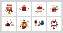 Christmas Tag Prints With Festive Decoration Elements And Cute Animals.  Xmas Collection With Baby Animals In Cartoon Style And Warm Wishes. Ideal For Nursery Prints, Gifts Decoration, Holiday Cards