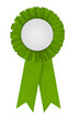 Circular pleated green winners rosette made of ribbon with blank white center for applying a design to. Captured on a blank white background. Uses colors of Green Party of England and Wales. 
