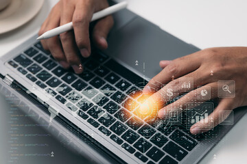 Aufkleber - The concept of digital software development technology. Programmer or software developer is coding JavaScript on a laptop computer, with technical icons and network connection.