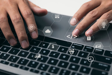 Fototapete - Working with virtual reality dashboard computer icons of scrum agile development, code fork and versioning, and responsive cybersecurity is a coding software developer's idea.
