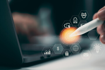 Aufkleber - IOT, Internet of Things concept, digital marketing, artificial intelligence (AI), social media marketing, software development, technology icons interface, a man uses a digital device.