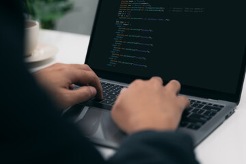 Aufkleber - Closeup of a man's hands coding HTML and programming on a laptop screen, web development, developer.