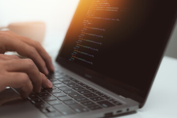 Aufkleber - Closeup coding on screen, Man hands coding html and programming on screen laptop, development web, developer.