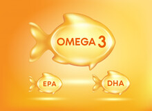 Fish Oil Vitamins And Omega 3 Nutrients DHA And EPA In Fish Shape Supplemental Shining Orange. Benefits Of Pills Improving Mental, Heart, Eyes, Bones Health, Lower Cholesterol Level. 3D Vector EPS10.