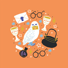 Round Illustration With Colorful Magic Cartoon Bottles, Stars, Clouds, Love Potions, Caldron, Owl, Wizard Hat On Orange. Magic Hand Drawn Collection Isolated. Scandinavian Style Magician Banner