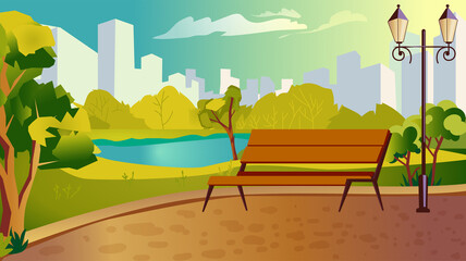 Wall Mural - Bench in city park concept. Public garden place with green trees, lanterns, path for walking, wooden bench, lake, cityscape with skyscrapers view. Vector illustration background in flat cartoon design