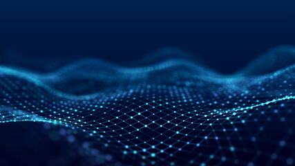 Wall Mural - Futuristic blue wave with intertwined lines and dots. Lots of data. Musical flow of sounds. 3D rendering.