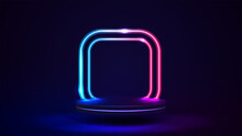 Empty Podium With Line Gradient Neon Square Frames With Rounded Corners On Background. Abstract Scene With Pink And Blue Neon Frames And Flying Platform