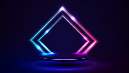 Empty podium with line gradient neon rhombus frames. Abstract scene with pink and blue neon frames and flying platform