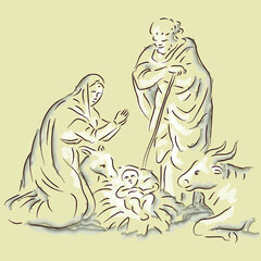 Wall Mural - Birth of baby Jesus, image of the nativity scene, Christian religious holiday of Christmas.