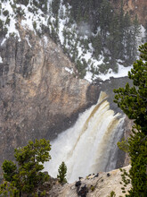 Yellowstone Waterfall During A Snowstorm In Yellowstone National Park, UNESCO World Heritage Site