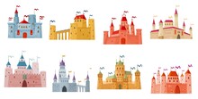 Medieval Castle, Palace And Fortress With Towers Cartoon Buildings. Isolated Vector Fairytale Kingdom Castles, Palace, Mansion, Citadel Or Fort With Flags, Gates And Turrets, Bridges, Defensive Walls