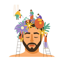 Mental health concept with abstract flowers on mans head, flat vector illustration isolated on white background.