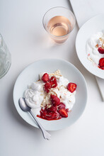 Dessert With Strawberries, Meringue And Whipped Cream