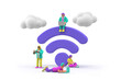 3D People Surfing Internet near WiFi symbol rendering. Public free Wi-Fi hotspot zone Wireless Connection Technology concept.