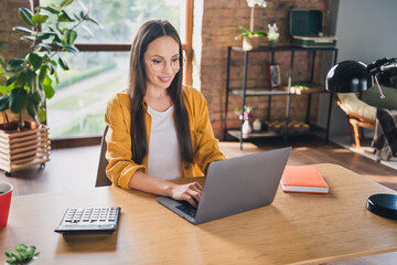 Sticker - Photo of pretty sweet mature woman wear yellow shirt glasses smiling typing modern device indoors house home room