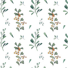 Watercolor Seamless Pattern With Decorative Heart Flowers And Heart Plants. Ornamental Elements Are Hand-drawn And Stylized As Hearts. For Background, Wrapping Paper, Scrapbooking, Wallpaper And Texti