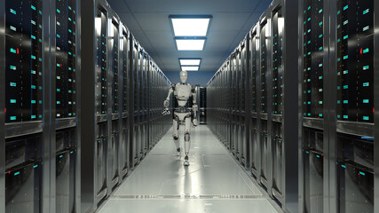 Wall Mural - 3D Render of robot walking in data center