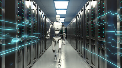 Wall Mural - 3D Render of robot walking in data center