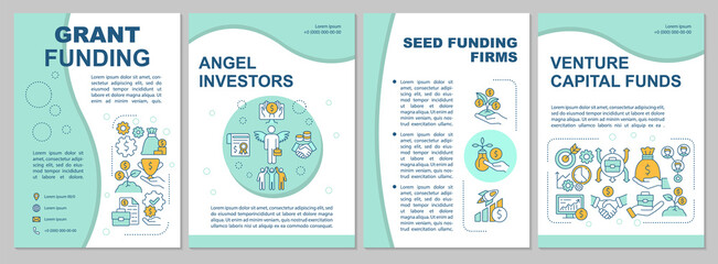 Funding social entrepreneurship mint brochure template. Flyer, booklet, leaflet print, cover design with linear icons. Vector layouts for presentation, annual reports, advertisement pages