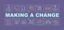 Making Change And Transformation Word Concepts Banner. Social Enterprise. Infographics With Linear Icons On Purple Background. Isolated Creative Typography. Vector Outline Color Illustration With Text