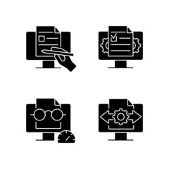 Wall Mural - Proficiency in document management black glyph icons set on white space. Digital writing. Speed reading. Decision making. Creating online documents. Silhouette symbols. Vector isolated illustration