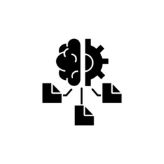 Sticker - Machine learning black glyph icon. Computer algorithms. Artificial intelligence application. Data modeling. Minimal human supervision. Silhouette symbol on white space. Vector isolated illustration