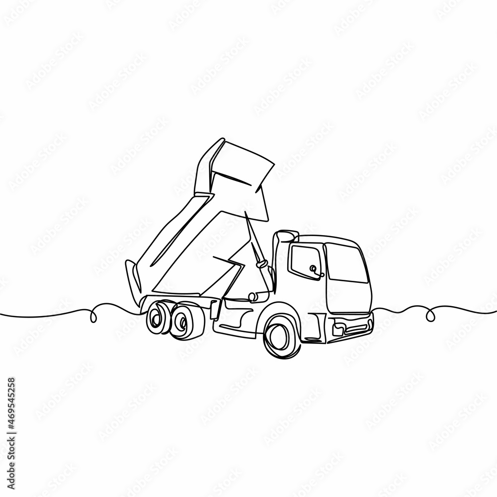 Vector continuous one single line drawing icon of dump truck in ...