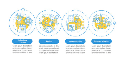 Tech transfer phases vector infographic template. Innovation spread presentation outline design elements. Data visualization with 4 steps. Process timeline info chart. Workflow layout with line icons