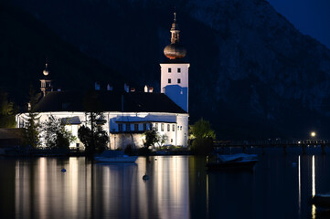 Canvas Print - medieval water castle Schloss Ort Orth on lake Traunsee by night in Gmunden Austria