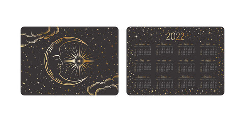 Wall Mural - vector tarot pocket year 2022 calendar with mystic shining golden linear crescent with a sleeping fa