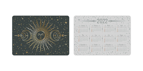 Wall Mural - vector tarot pocket year 2022 calendar with mystic shining golden linear sun with sleeping face, cre