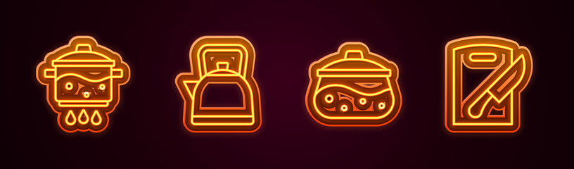 Canvas Print - Set line Cooking pot on fire, Kettle with handle, and Cutting board knife. Glowing neon icon. Vector