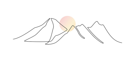 Poster - One continuous line drawing of mountain range landscape with color sun. Geometric hills and skyline in scandinavian simple linear style. Modern panoramic sketch. Doodle vector illustration