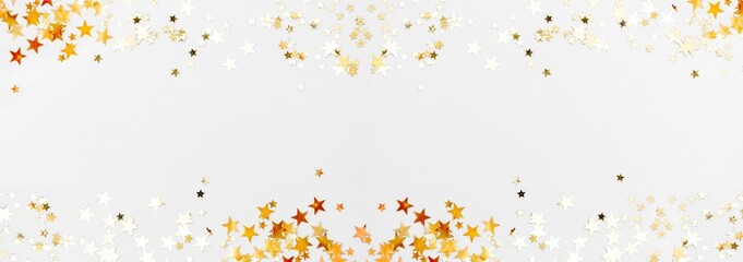 Wall Mural - Gold stars glitter banner frame on white background, selective focus, copy space