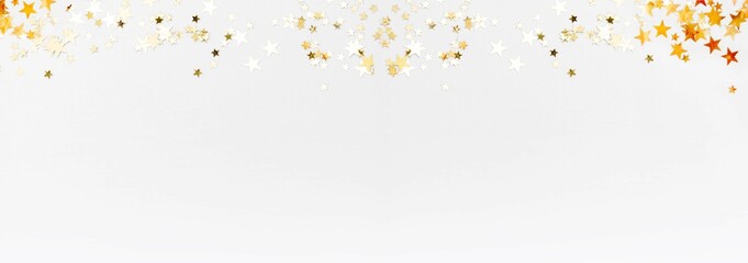 gold stars glitter banner border on white background, selective focus, copy space