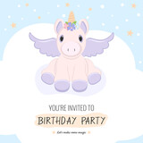 Fototapeta Dinusie - Invitation background with unicorn sitting on cloud for birthday party