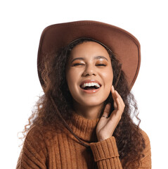 Wall Mural - Beautiful African-American woman in stylish hat on white background