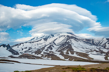 Kamchatka Peninsula, Russia. World popular tourist destination, Koryaksky volcano. Russian tourism and mountaineering